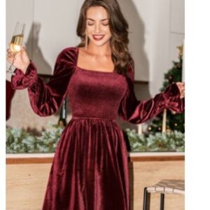 NWOT—Cupshe Velvet Long Sleeve Dress in Burgundy